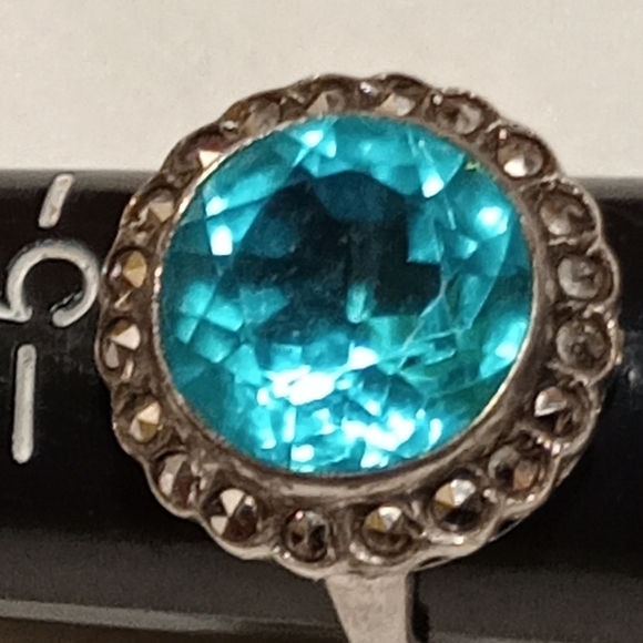Vintage Jewelry - Vintage Art Deco Sterling Silver Blue Topaz Ring With Halo Setting And Marcasite